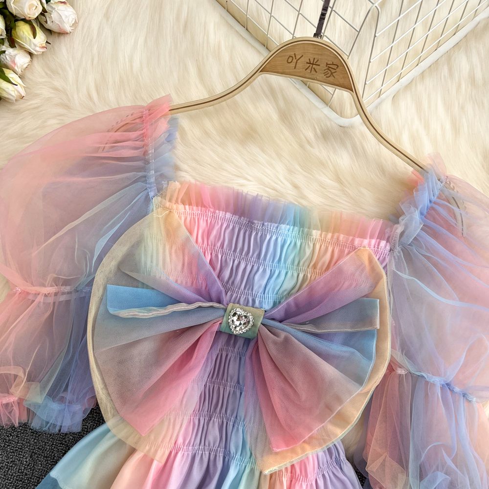 Summer French Square Neck Bow Bubble Short Sleeve Rainbow Mesh Shirt Women Fashionable Short Top Fashion AP000190