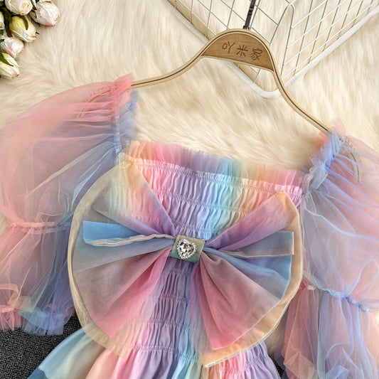 Summer French Square Neck Bow Bubble Short Sleeve Rainbow Mesh Shirt Women Fashionable Short Top Fashion AP000190
