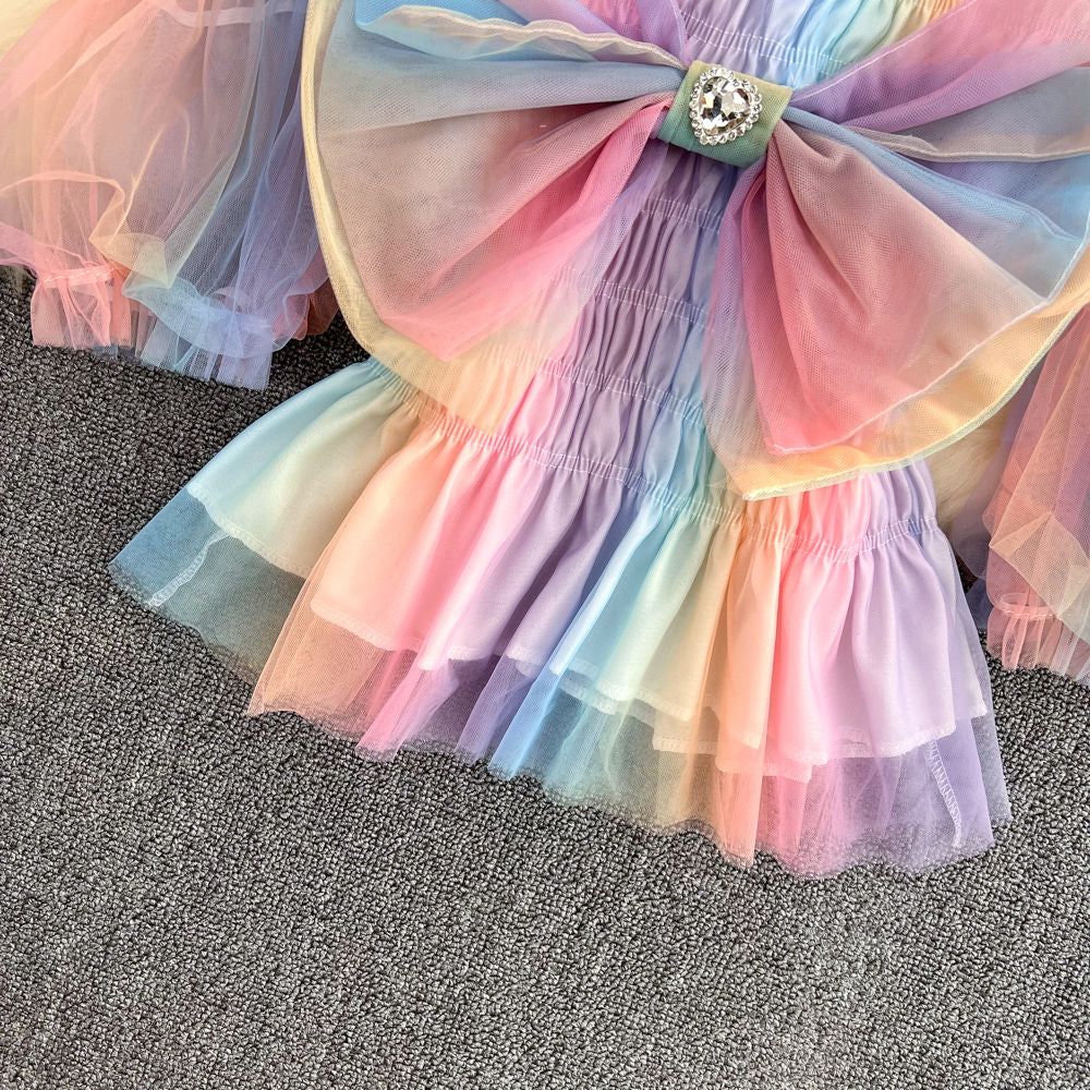 Summer French Square Neck Bow Bubble Short Sleeve Rainbow Mesh Shirt Women Fashionable Short Top Fashion AP000190