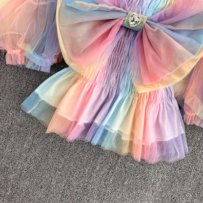 Summer French Square Neck Bow Bubble Short Sleeve Rainbow Mesh Shirt Women Fashionable Short Top Fashion AP000190