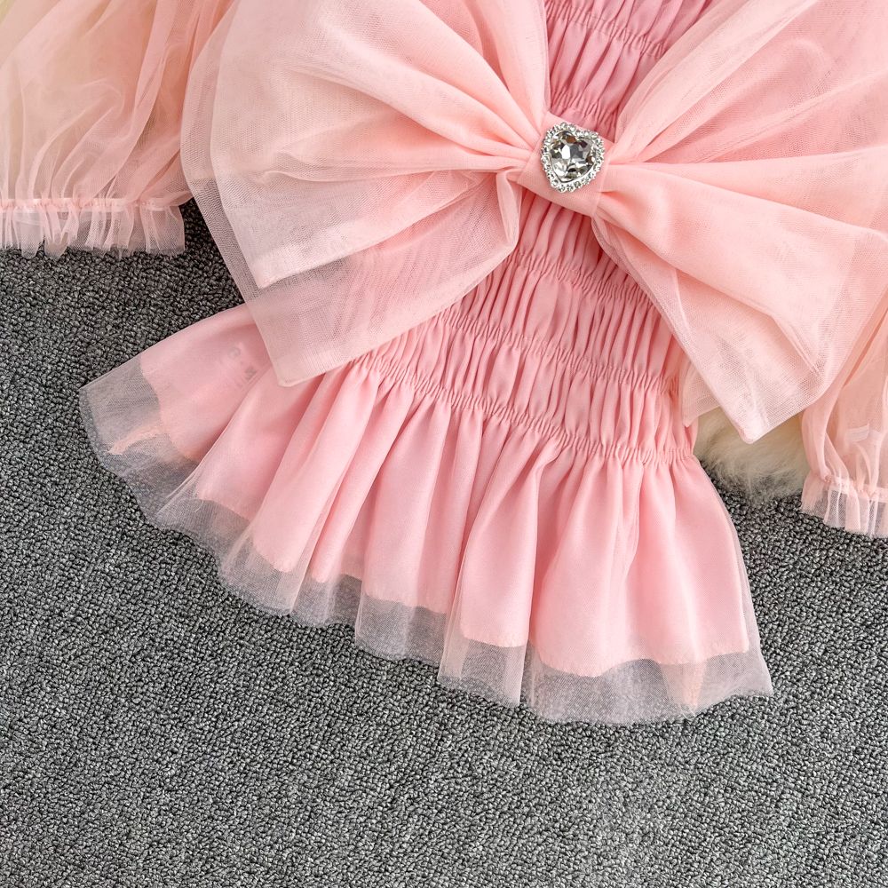 Summer French Square Neck Bow Bubble Short Sleeve Rainbow Mesh Shirt Women Fashionable Short Top Fashion AP000190