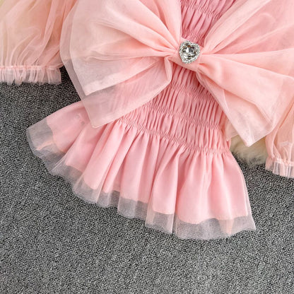 Summer French Square Neck Bow Bubble Short Sleeve Rainbow Mesh Shirt Women Fashionable Short Top Fashion AP000190