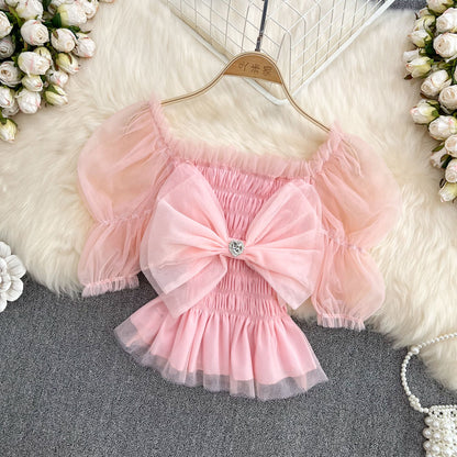 Summer French Square Neck Bow Bubble Short Sleeve Rainbow Mesh Shirt Women Fashionable Short Top Fashion AP000190