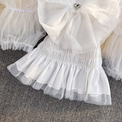 Summer French Square Neck Bow Bubble Short Sleeve Rainbow Mesh Shirt Women Fashionable Short Top Fashion AP000190