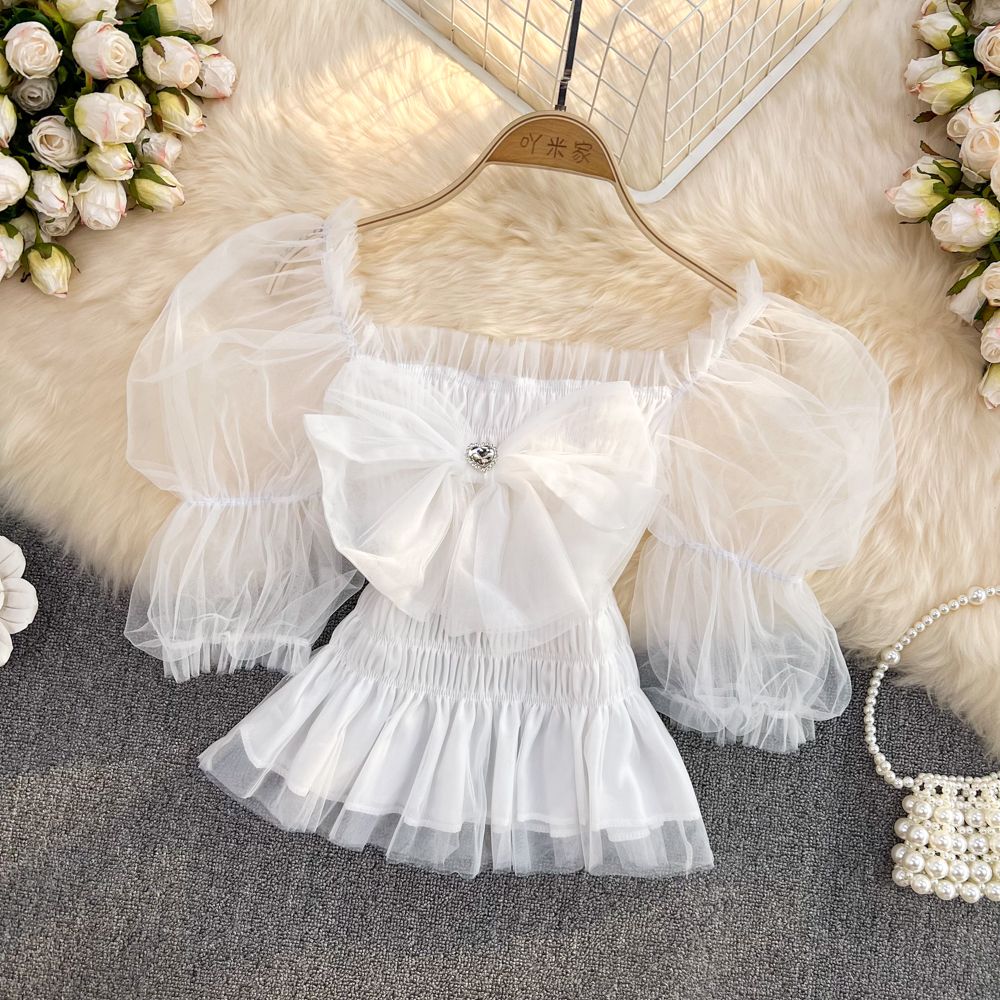 Summer French Square Neck Bow Bubble Short Sleeve Rainbow Mesh Shirt Women Fashionable Short Top Fashion AP000190