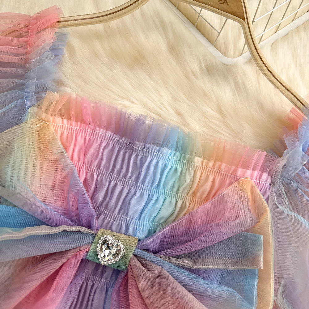 Summer French Square Neck Bow Bubble Short Sleeve Rainbow Mesh Shirt Women Fashionable Short Top Fashion AP000190