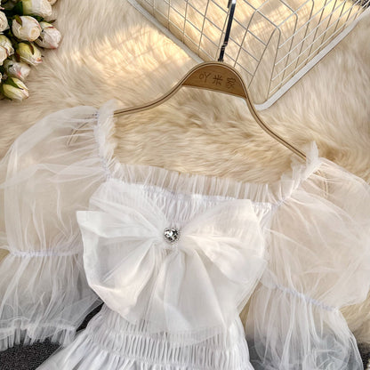 Summer French Square Neck Bow Bubble Short Sleeve Rainbow Mesh Shirt Women Fashionable Short Top Fashion AP000190