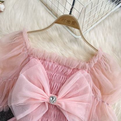 Summer French Square Neck Bow Bubble Short Sleeve Rainbow Mesh Shirt Women Fashionable Short Top Fashion AP000190