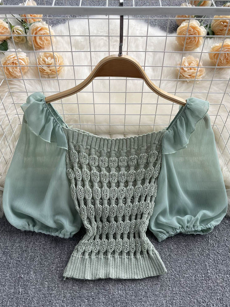 New Fashion Knitted Spliced Short Blouse Square Collar Ruff Sleeve Ladies Elastic Waist Gentle Top AP000191