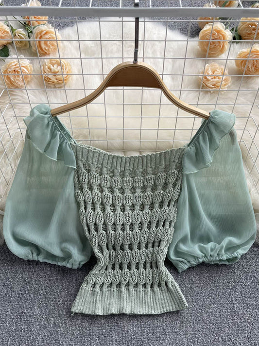 New Fashion Knitted Spliced Short Blouse Square Collar Ruff Sleeve Ladies Elastic Waist Gentle Top AP000191