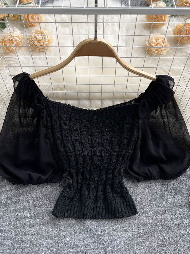 New Fashion Knitted Spliced Short Blouse Square Collar Ruff Sleeve Ladies Elastic Waist Gentle Top AP000191
