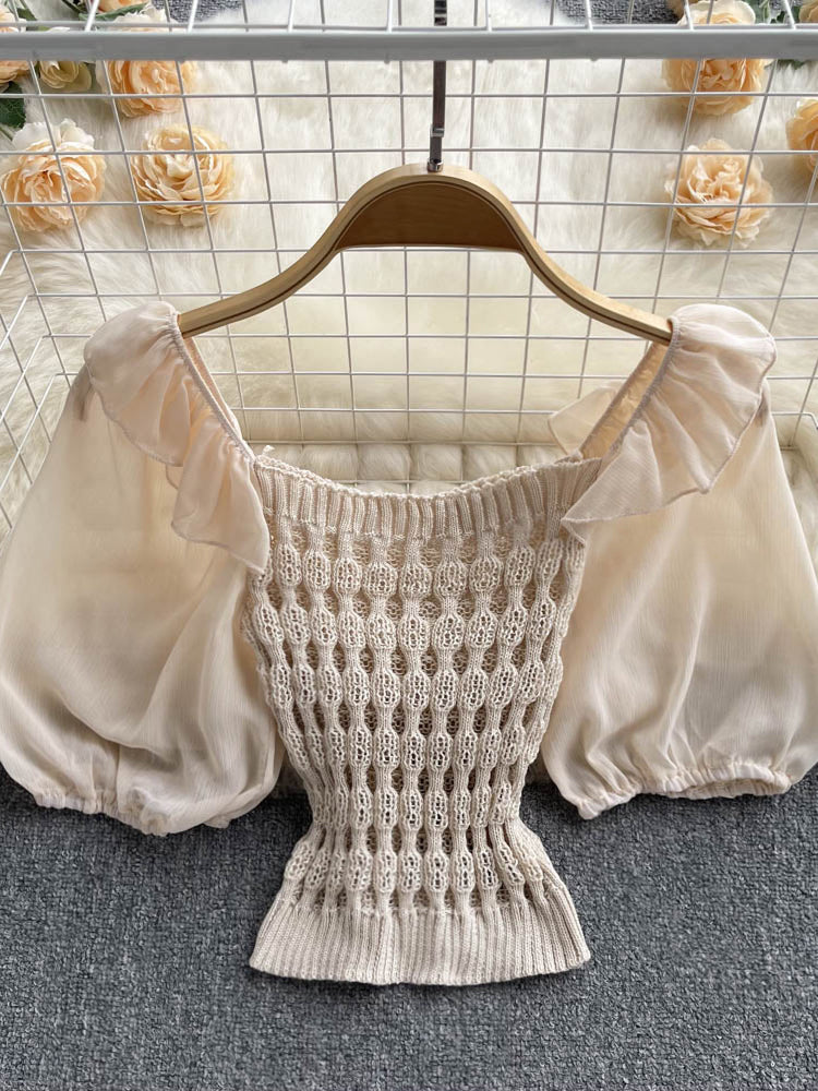 New Fashion Knitted Spliced Short Blouse Square Collar Ruff Sleeve Ladies Elastic Waist Gentle Top AP000191