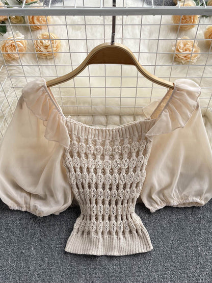 New Fashion Knitted Spliced Short Blouse Square Collar Ruff Sleeve Ladies Elastic Waist Gentle Top AP000191