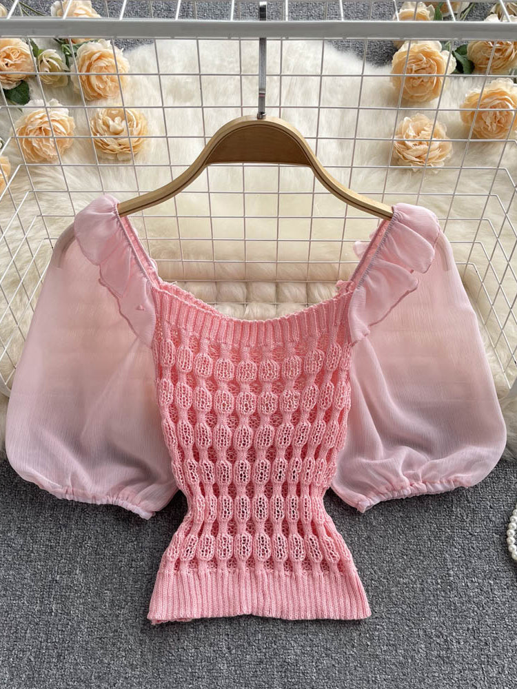New Fashion Knitted Spliced Short Blouse Square Collar Ruff Sleeve Ladies Elastic Waist Gentle Top AP000191