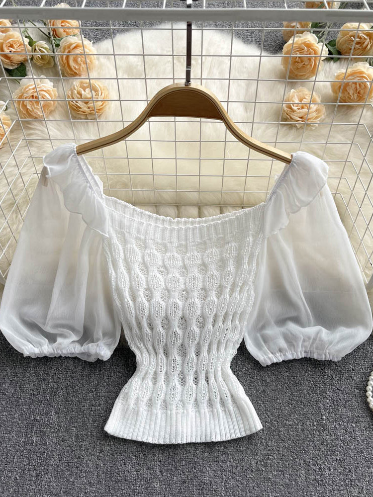 New Fashion Knitted Spliced Short Blouse Square Collar Ruff Sleeve Ladies Elastic Waist Gentle Top AP000191