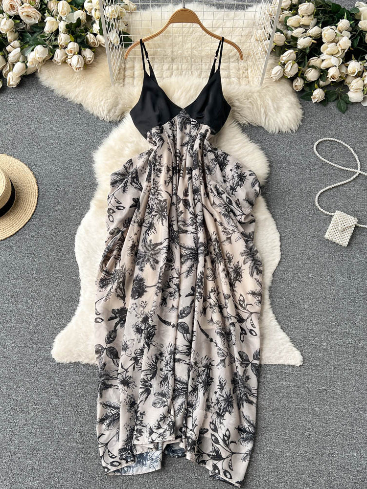Women Dress Casual Loose Floral Print Irregular Long Dress Elegant High Waist Party Dress AP00203