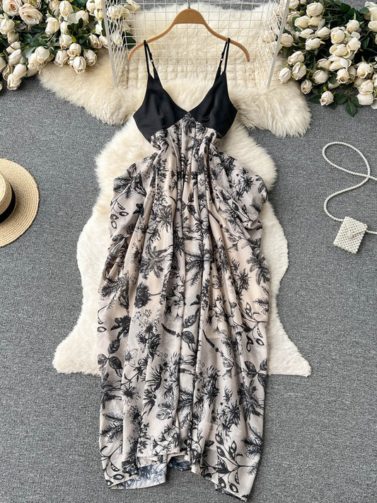 Women Dress Casual Loose Floral Print Irregular Long Dress Elegant High Waist Party Dress AP00203