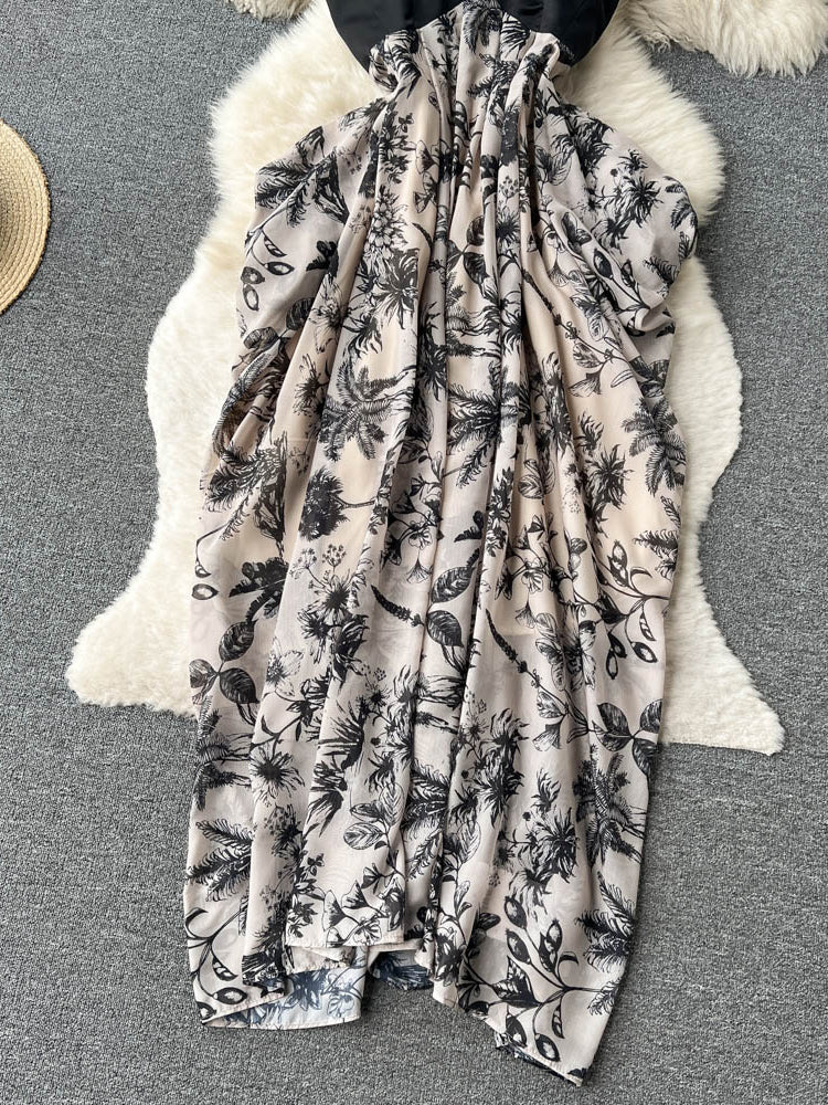 Women Dress Casual Loose Floral Print Irregular Long Dress Elegant High Waist Party Dress AP00203