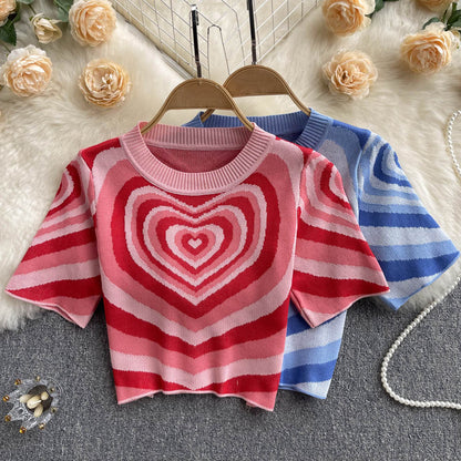 Women Short Sleeves Knitted Tops O Neck Elastic Waist Short T Shirt Style Heart Print Knit Blouse AP000197