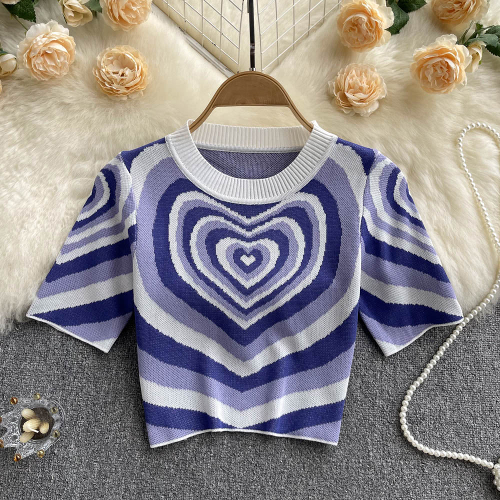 Women Short Sleeves Knitted Tops O Neck Elastic Waist Short T Shirt Style Heart Print Knit Blouse AP000197