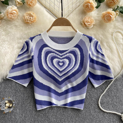 Women Short Sleeves Knitted Tops O Neck Elastic Waist Short T Shirt Style Heart Print Knit Blouse AP000197
