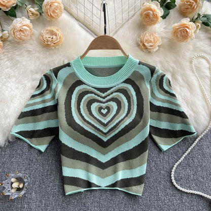 Women Short Sleeves Knitted Tops O Neck Elastic Waist Short T Shirt Style Heart Print Knit Blouse AP000197