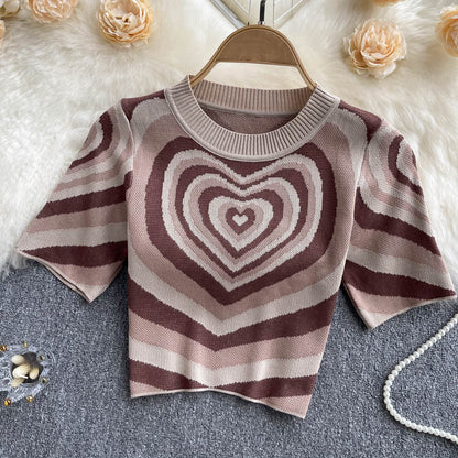 Women Short Sleeves Knitted Tops O Neck Elastic Waist Short T Shirt Style Heart Print Knit Blouse AP000197
