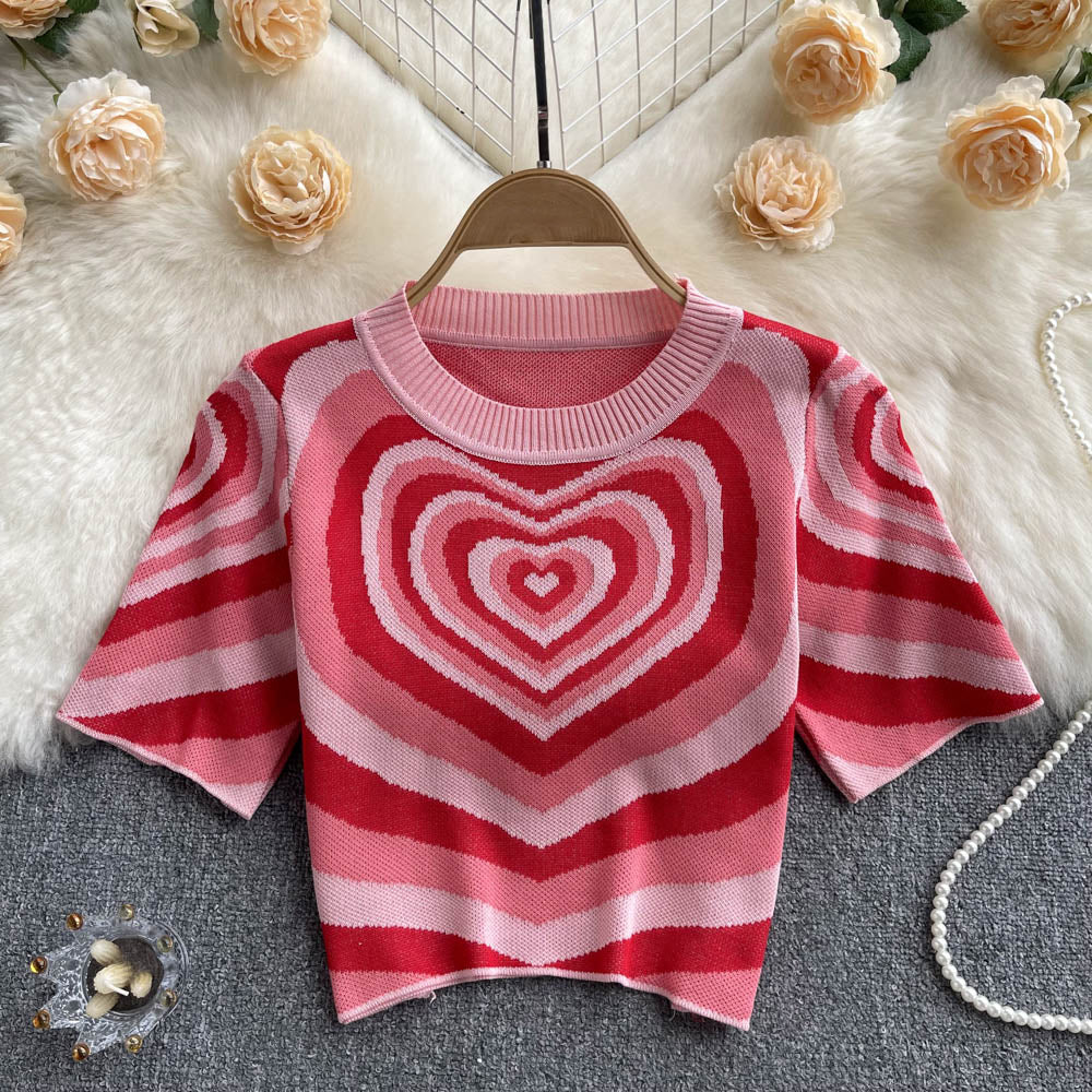 Women Short Sleeves Knitted Tops O Neck Elastic Waist Short T Shirt Style Heart Print Knit Blouse AP000197
