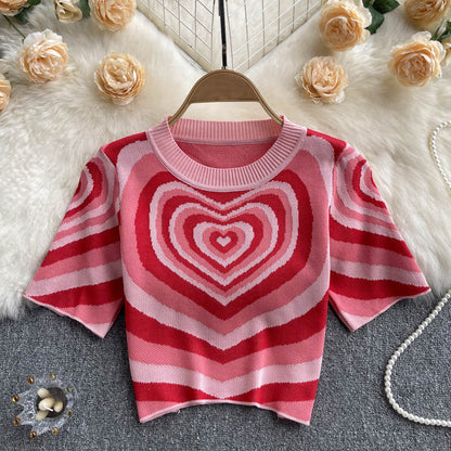 Women Short Sleeves Knitted Tops O Neck Elastic Waist Short T Shirt Style Heart Print Knit Blouse AP000197