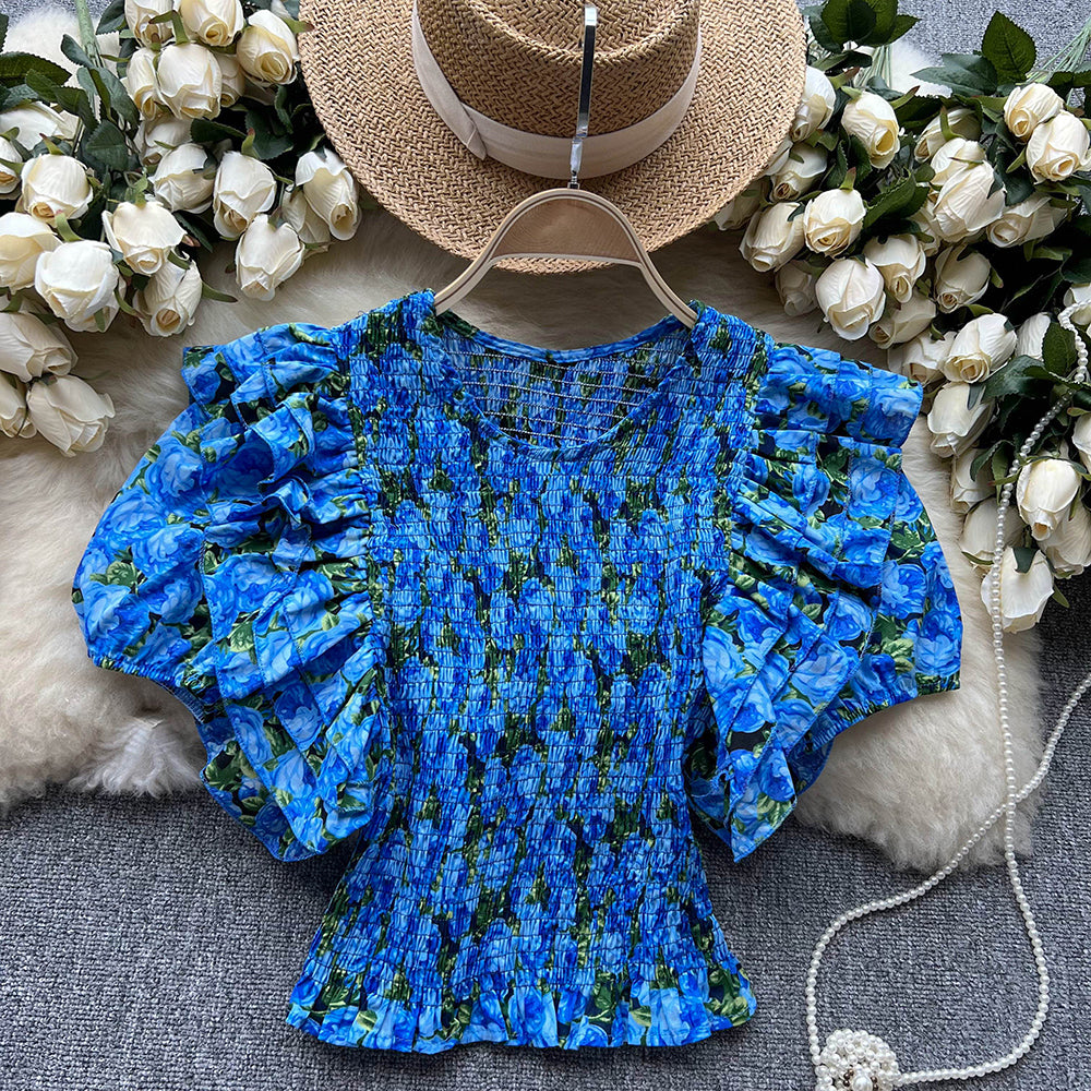 Ruffle Design Floral Print Blouse Women O Neck Elegant Elastic Waist Ladies Vacation Casual Top AP000198