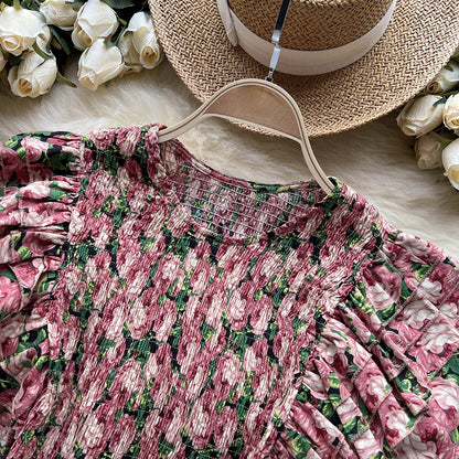 Ruffle Design Floral Print Blouse Women O Neck Elegant Elastic Waist Ladies Vacation Casual Top AP000198