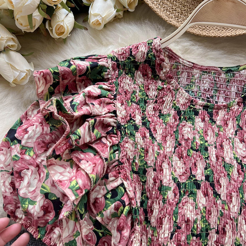 Ruffle Design Floral Print Blouse Women O Neck Elegant Elastic Waist Ladies Vacation Casual Top AP000198