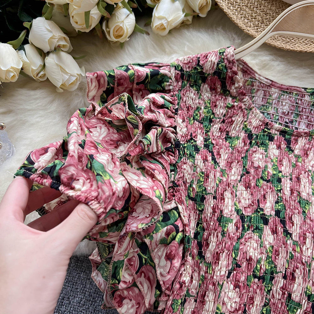 Ruffle Design Floral Print Blouse Women O Neck Elegant Elastic Waist Ladies Vacation Casual Top AP000198