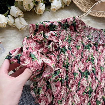 Ruffle Design Floral Print Blouse Women O Neck Elegant Elastic Waist Ladies Vacation Casual Top AP000198