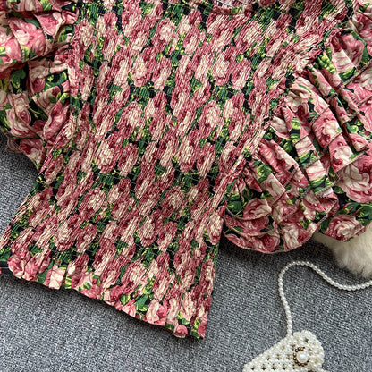 Ruffle Design Floral Print Blouse Women O Neck Elegant Elastic Waist Ladies Vacation Casual Top AP000198