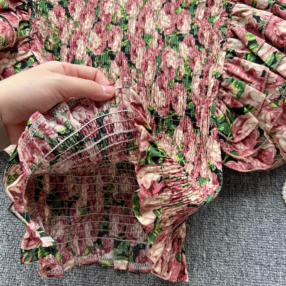 Ruffle Design Floral Print Blouse Women O Neck Elegant Elastic Waist Ladies Vacation Casual Top AP000198