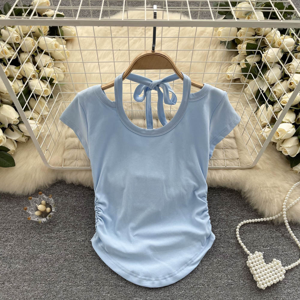 Slim Crop Top Women Casual Design Ruched Design Irregular Fashion Ladies Backless Sexy Short TopAP00034