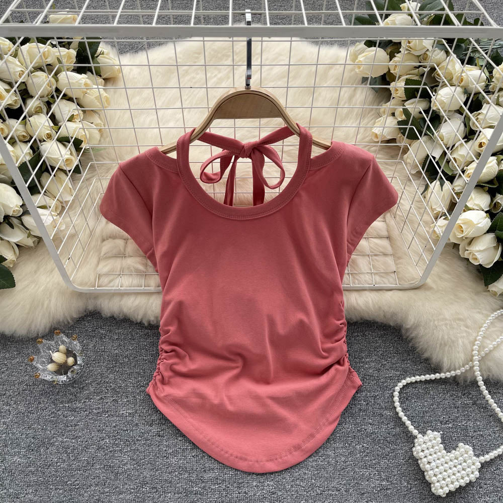 Slim Crop Top Women Casual Design Ruched Design Irregular Fashion Ladies Backless Sexy Short TopAP00034