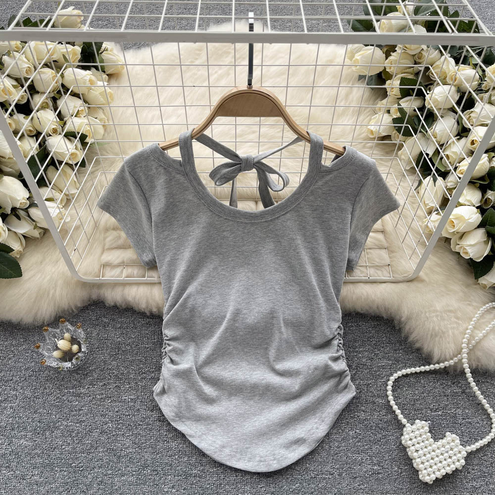 Slim Crop Top Women Casual Design Ruched Design Irregular Fashion Ladies Backless Sexy Short TopAP00034