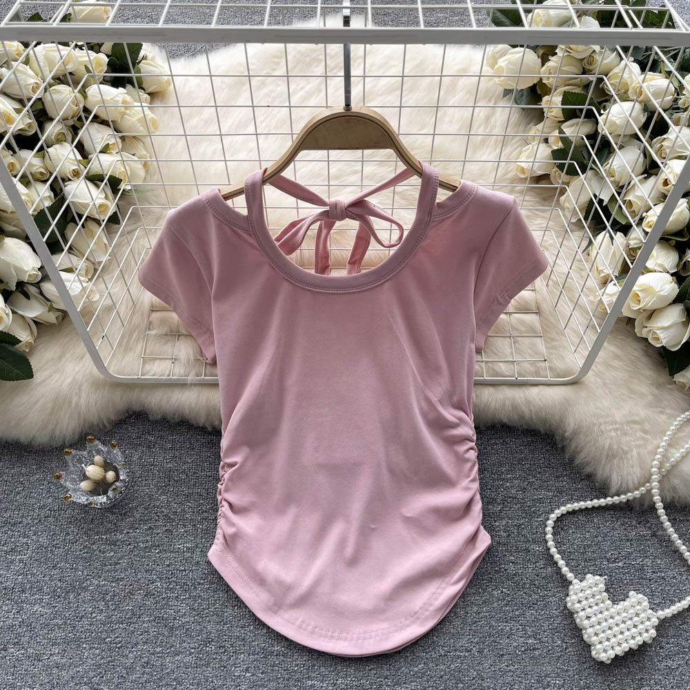 Slim Crop Top Women Casual Design Ruched Design Irregular Fashion Ladies Backless Sexy Short TopAP00034