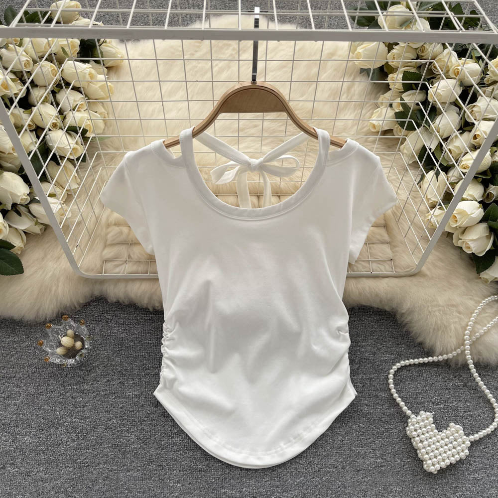 Slim Crop Top Women Casual Design Ruched Design Irregular Fashion Ladies Backless Sexy Short TopAP00034