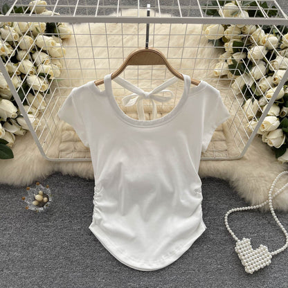 Slim Crop Top Women Casual Design Ruched Design Irregular Fashion Ladies Backless Sexy Short TopAP00034