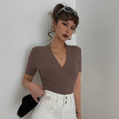 Sexy V-neck Short Sleeve Solid Tight Shirt Top Tee AP000153