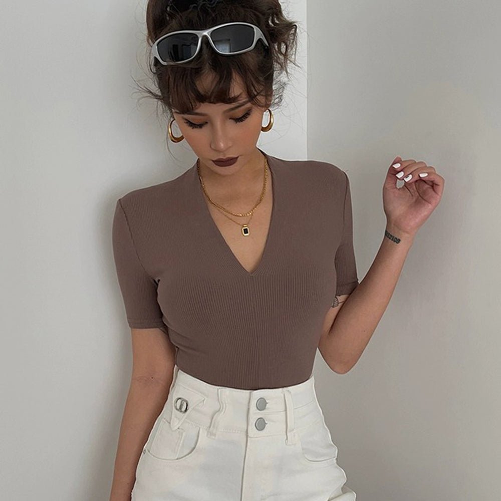 Sexy V-neck Short Sleeve Solid Tight Shirt Top Tee AP000153