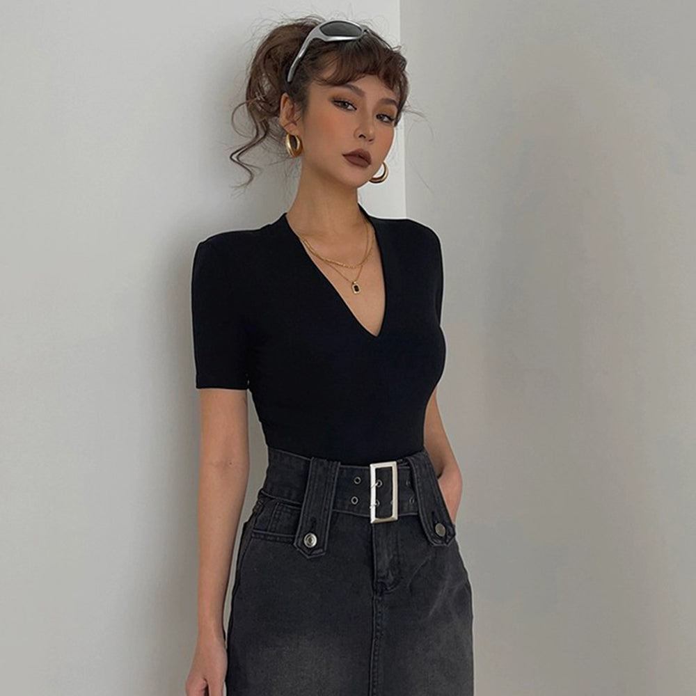 Sexy V-neck Short Sleeve Solid Tight Shirt Top Tee AP000153