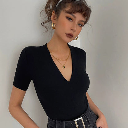 Sexy V-neck Short Sleeve Solid Tight Shirt Top Tee AP000153