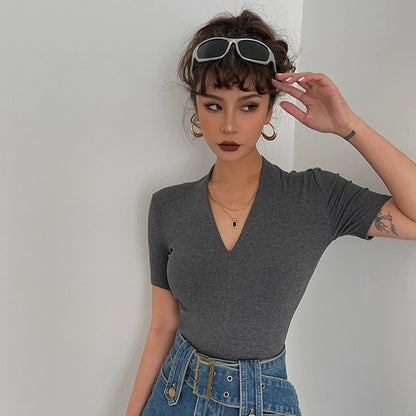 Sexy V-neck Short Sleeve Solid Tight Shirt Top Tee AP000153