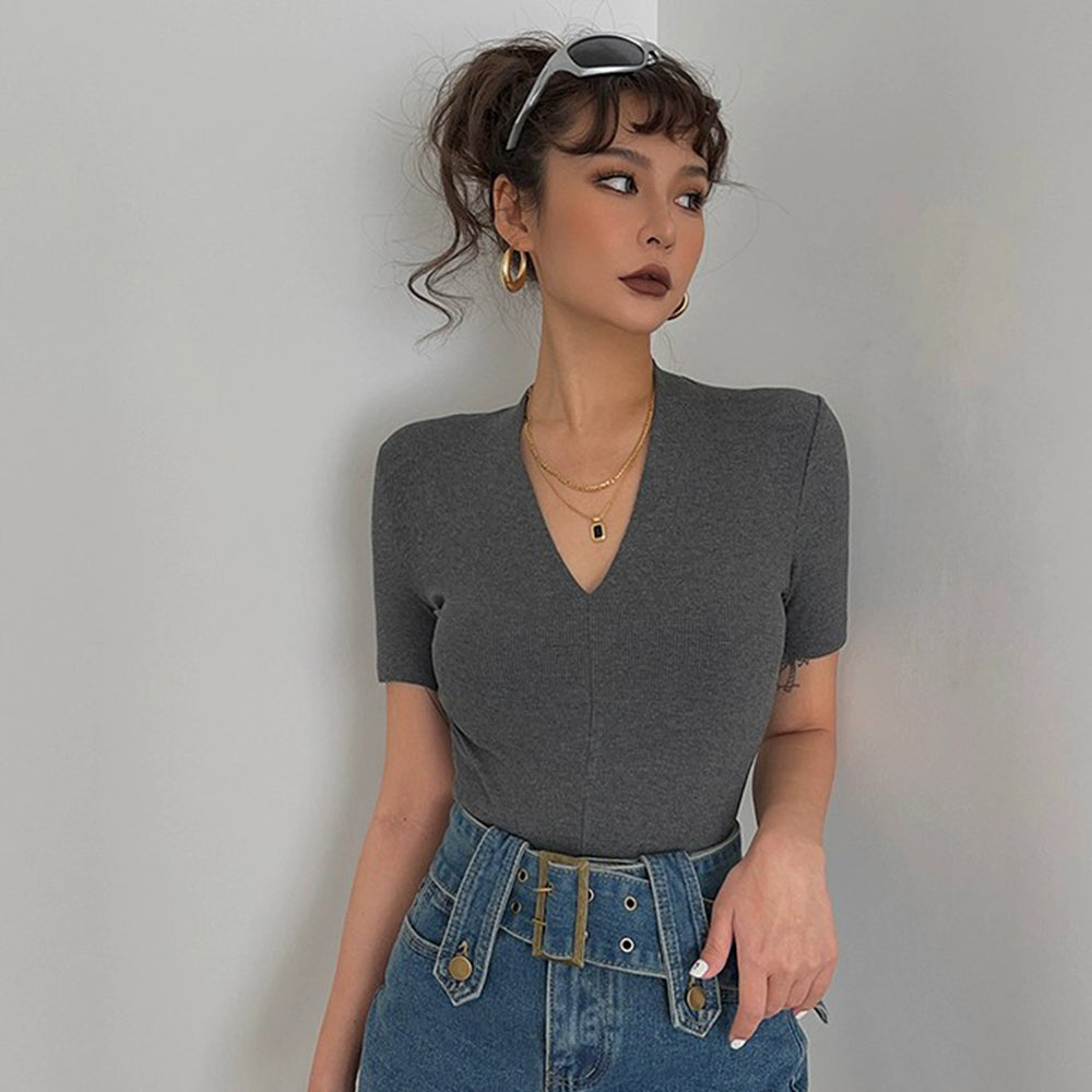 Sexy V-neck Short Sleeve Solid Tight Shirt Top Tee AP000153