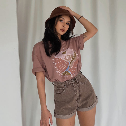 Street, Retro, Brick Red Letter Pattern Printed Short-sleeved T-shirt, Summer Loose Top AP00026