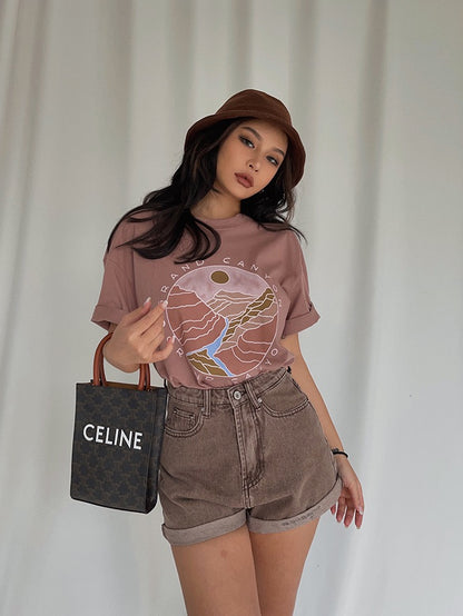 Street, Retro, Brick Red Letter Pattern Printed Short-sleeved T-shirt, Summer Loose Top AP00026